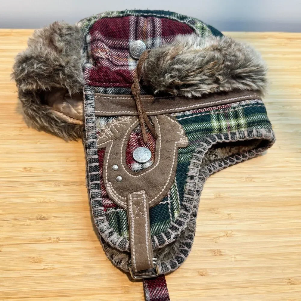 Vintage Y2K True Religion Patchwork Plaid Faux Fur Trapper Aviator Hat OS